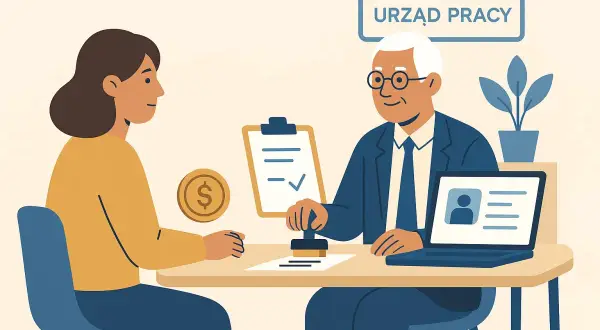 Urząd Pracy. Kobieta pyta, czy kuroniówka wlicza się do lat pracy. Urzędnik pieczętuje dokumenty.