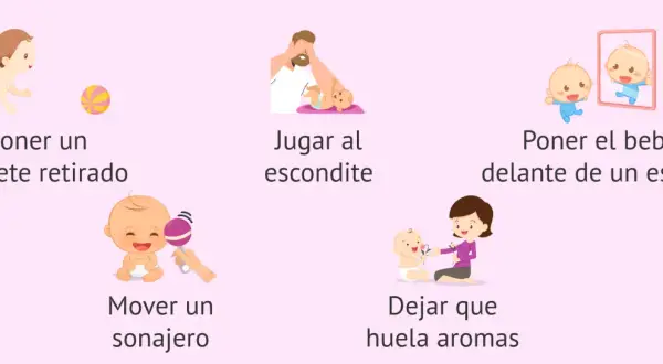 Ilustraciones de actividades para la estimulación temprana de bebés: jugar, sonajeros, espejo, aromas.