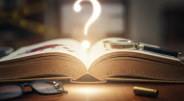 Un livre ouvert avec des taches rouges, une loupe, des lunettes et une douille de balle. Un point d'interrogation lumineux flotte au-dessus, évoquant les meilleurs polars.