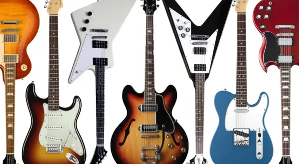 Vielfalt an E-Gitarrentypen: von klassisch bis extravagant, wie Les Paul, Stratocaster, Explorer, Flying V, SG und Telecaster.