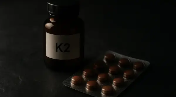 Flacon étiqueté K2 et plaquette de comprimés bruns, rappelant l'importance de la vitamine K2 dans notre alimentation.