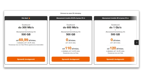 Oferty Orange: światłowód do 300 Mb/s z 500 GB internetu komórkowego za 69,99 zł/mies. Sprawdź, jak sprawdzić ile zostało internetu Orange abonament.