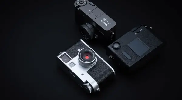 Tre fotocamere Fujifilm X-Half, una argento e due nere, disposte su sfondo scuro.