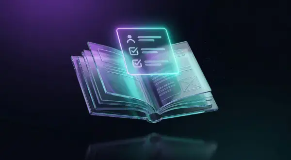 Szklana księga z neonowym zarysem listy zadań, przypominająca, co powinno zawierać CV.