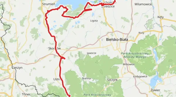 Mapa z zaznaczoną trasą rowerową, która prowadzi przez Beskid Śląski, od Wisły, przez Ustroń, Skoczów, aż do Goczałkowic-Zdroju. To fragment żelaznego szlaku rowerowego.