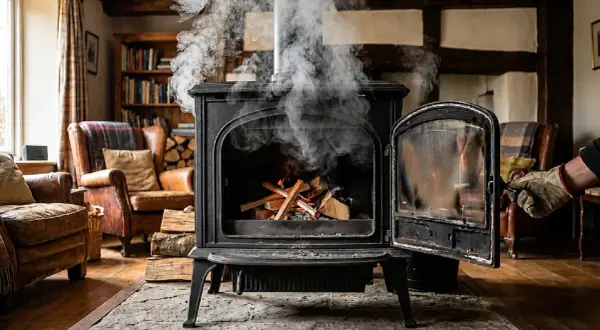 Une cheminée ouverte qui fume, avec du bois qui crépite à l'intérieur. Des fauteuils en cuir et une bibliothèque complètent ce décor chaleureux.
