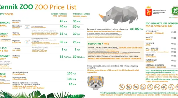 Cennik Zoo Warszawa: bilety normalne od 35 PLN, ulgowe od 25 PLN, rodzinne od 30 PLN. Sprawdź ceny!