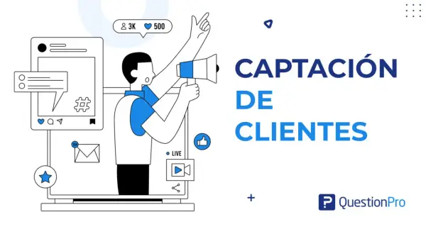 Persona con megáfono y móvil, promoviendo la captación de clientes. Iconos de redes sociales y notificaciones.