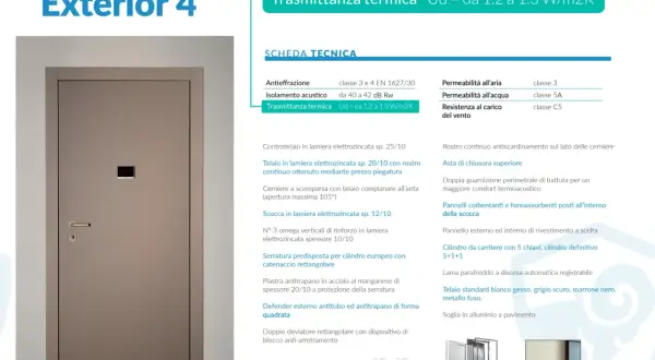 Porta blindata Exterior 4 con eccellente trasmittanza termica Ud = 1.2-1.3 W/m2K per un comfort ottimale.