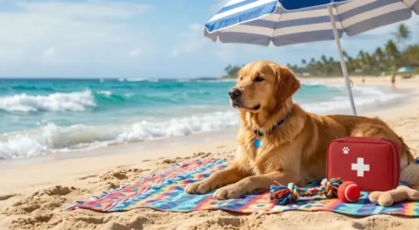 Złoty retriever odpoczywa na plaży pod parasolem, gotowy na tui wakacje z psem. Obok leży apteczka, piłka i zabawka.