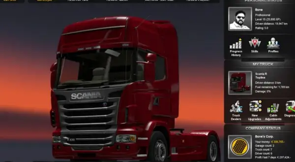 Czerwona Scania R420 w grze, ekran z informacjami o kierowcy i firmie. Sprawdź ets2 wymagania, by cieszyć się jazdą!