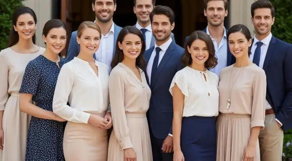 Eleganckie stroje dla kobiet i mężczyzn, idealne na niedzielę do kościoła. Panie w sukienkach i spódnicach, panowie w garniturach.