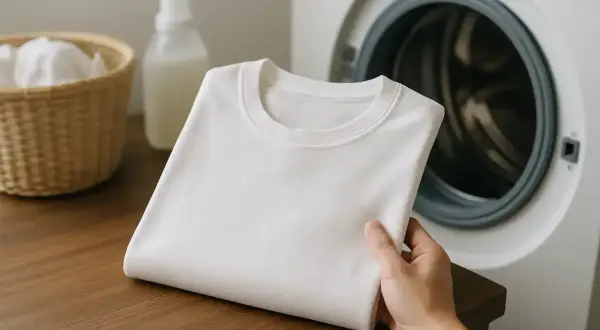 Ein weißes T-Shirt wird neben einer Waschmaschine gehalten. Daneben stehen ein Wäschekorb und Waschmittel. Perfekt, um das T-Shirt einlaufen zu lassen.