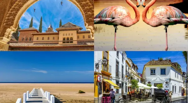 Imágenes de la Alhambra, flamencos, una playa y una calle típica. ¡Ideas para saber qué visitar en Andalucía!