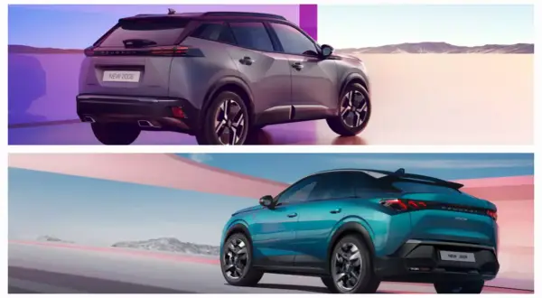 Dwa modele 2008 peugeot: szary i turkusowy, prezentowane z tyłu na tle pustynnego krajobrazu i abstrakcyjnych form.