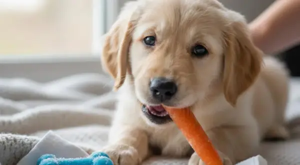 Goldener Retriever Welpe kaut auf Karotte, während sein Zahnwechsel beginnt. Neben ihm liegt ein blaues Knochenspielzeug.