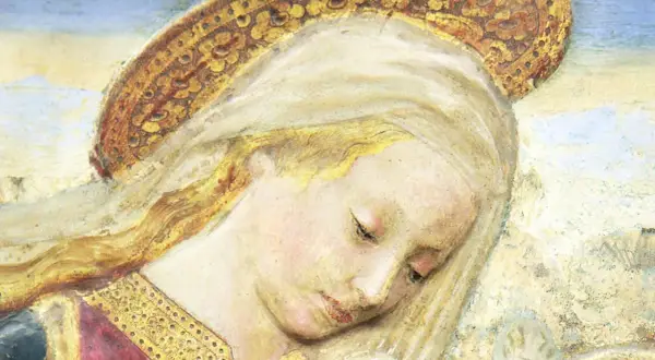 Ein zartes Porträt, das an Maria Magdalena, die Tochter, erinnert. Ihr blondes Haar umrahmt ein sanftes Gesicht unter einer goldenen Aureole.