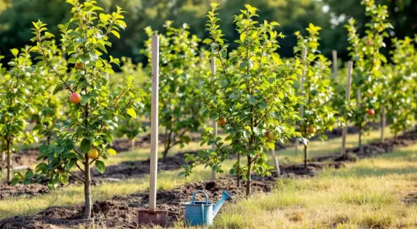 Jeunes arbres fruitiers alignés, certains portant des fruits rouges et jaunes. Un arrosoir bleu et une pelle sont posés près du collet d'un arbre.