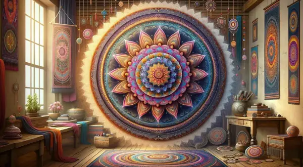 Wspaniała, wielobarwna mandala zdobi ścianę, otoczona dywanami i tkaninami w stylu boho.