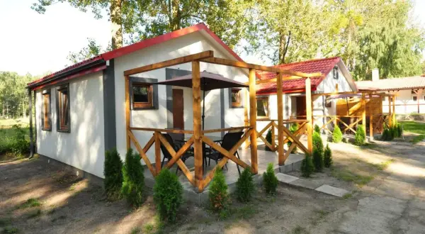 Urocze domki letniskowe "Albatros" w Łebie, z drewnianymi tarasami i zielenią wokół, zapraszają na wypoczynek.