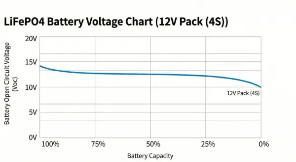 Wykres napięcia akumulatora LiFePO4 (12V Pack 4S). Pokazuje prawidłowe napięcie w zależności od pojemności.