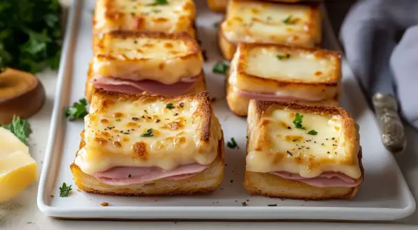 Petits croque-monsieur gratinés, une délicieuse entrée jambon et fromage fondant, parsemés de persil frais.
