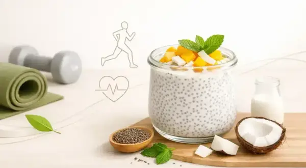 Zdrowy deser z chia z mango i kokosem, idealny po treningu. Obok leżą hantle i mata.