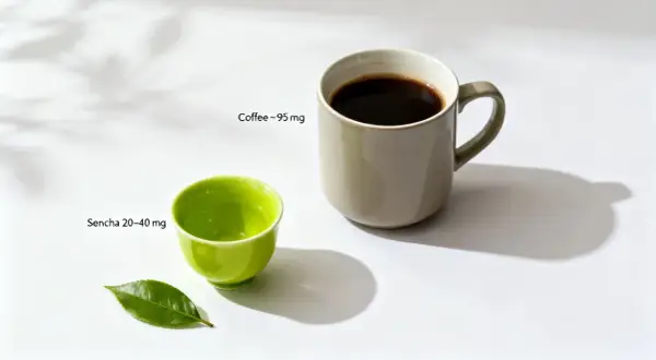 En kopp kaffe och en liten grön kopp med sencha. Jämförelse av te smaker och koffeinhalt.