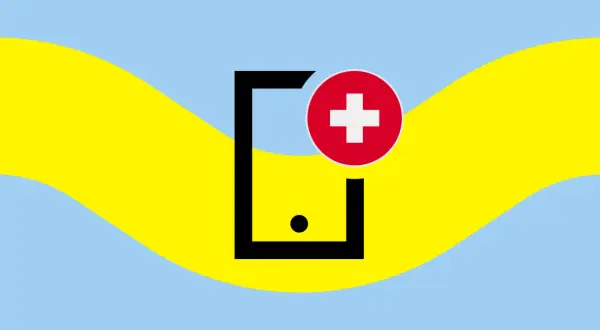 Czarny symbol telefonu z czerwonym krzyżem na tle falujących żółto-niebieskich pasów. To jak roaming play, gdzie technologia spotyka pomoc.