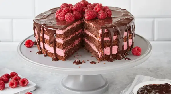 Himbeertorte mit Schokoboden, üppig mit Schokolade überzogen und mit frischen Himbeeren garniert. Ein köstlicher Anblick!