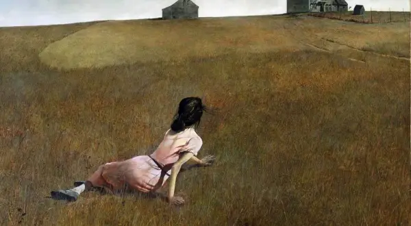 Wyeth's Christina's World: A woman in a pink dress crawls through a dry field towards a distant farmhouse.