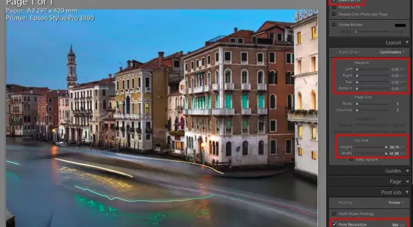 Widok na kanał w Wenecji z zaznaczonymi ustawieniami drukowania w Lightroom, w tym rozdzielczość druku 360 ppi.