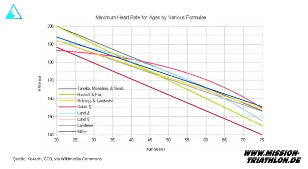Diagramm zeigt maximalen Puls beim Sport für verschiedene Altersgruppen. Die Herzfrequenz sinkt mit dem Alter.