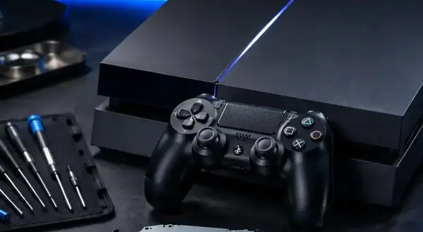 Konsola PS4 i kontroler, gotowe do naprawy, jak kiedy wyszło ps4. Narzędzia i części leżą obok.