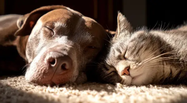 Un perro y un gato duermen juntos, acurrucados en una alfombra. Los perros quieren a sus dueños, y esta imagen muestra la paz que sienten.
