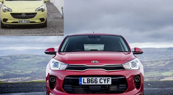 Czerwone Kia Rio na tle krajobrazu. W rogu zdjęcie żółtego Opla. Szukasz kia rio opinie?