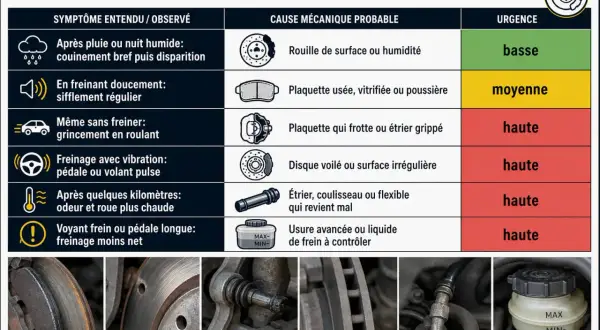 Diagnostic rapide des freins : vibration de la pédale ou du volant, usure de la plaquette, étrier grippé, disque voilé, ou liquide de frein à contrôler. La pédale de frein est essentielle.