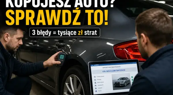 Kupując auto, sprawdź jego historię. Na laptopie widać raport VIN, a mężczyzna mierzy lakier. Sprawdź VIN na gov.pl, by uniknąć strat.