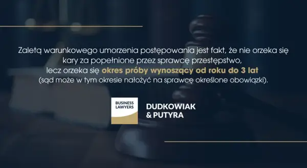 Adwokat z urzędu wyjaśnia warunkowe umorzenie postępowania: brak kary, ale okres próby do 3 lat z obowiązkami.