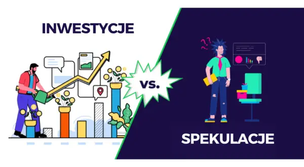 Ilustracja porównuje inwestycje, gdzie człowiek podlewa rosnące pieniądze, ze spekulacjami, gdzie inny człowiek jest zagubiony.