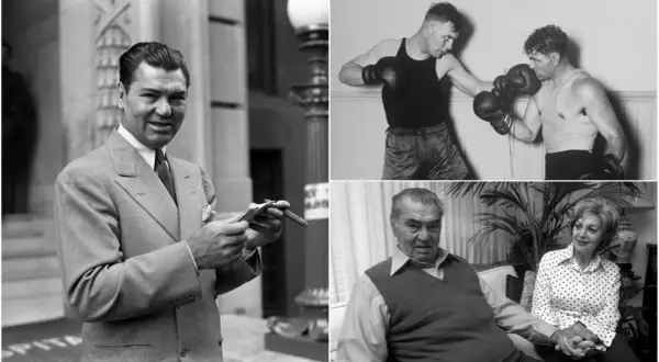 A collage of boxing legend Jack Dempsey. One image shows him in a suit, another shows him sparring, and the last shows him with a woman.