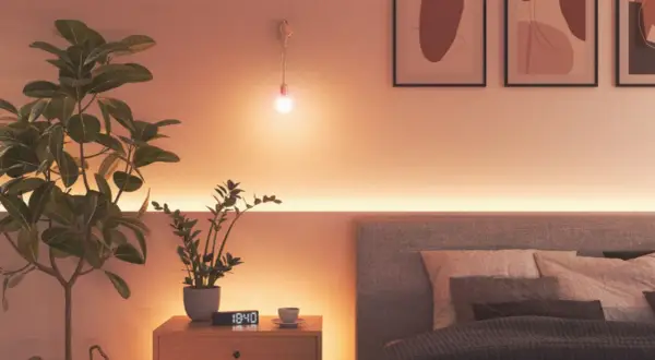 Gemütliche Schlafzimmer-Ideen mit indirekter Beleuchtung durch LED-Streifen. Sanftes Licht hinter dem Bett und an der Wand schafft Atmosphäre.