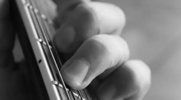 Zbliżenie na palce gitarzysty dociskające struny do gryfu.