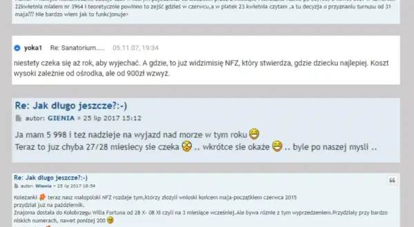 Dyskusja o tym, jak sprawdzić kiedy do sanatorium z NFZ. Użytkownicy dzielą się informacjami o długim oczekiwaniu i kosztach.