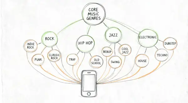 A diagram shows core music genres like Rock, Hip Hop, Jazz, and Electronic, with subgenres branching out, all connected to a smartphone, illustrating Spotify genres.