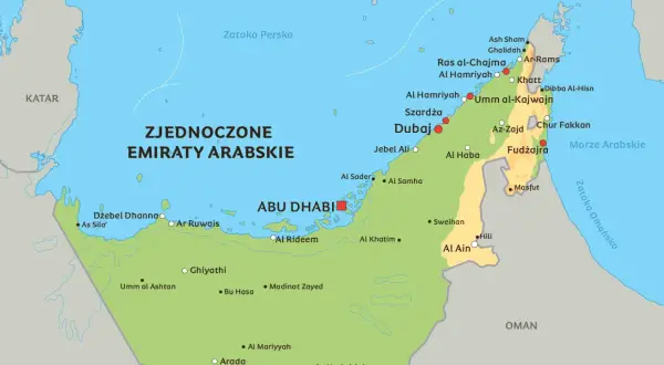 Mapa Zjednoczonych Emiratów Arabskich. Gdzie leży Dubaj? Miasto znajduje się na północnym wschodzie kraju, nad Zatoką Perską, blisko granicy z Iranem.