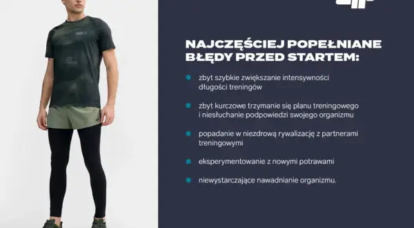 Mężczyzna w stroju sportowym, wskazówki jak przygotować się do maratonu, unikaj błędów: zbyt szybkie zwiększanie intensywności, kurczowe trzymanie się planu, rywalizacja, nowe potrawy, nawadnianie.