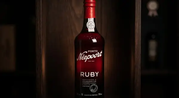Butelka wina Porto Niepoort Ruby w drewnianej skrzynce. To jest co to jest porto – słodkie, wzmacniane wino z Portugalii.