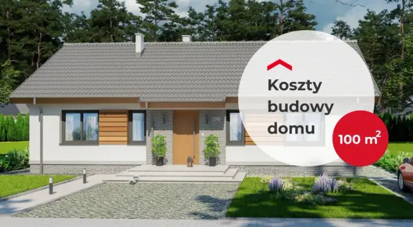 Nowoczesny dom jednorodzinny z podjazdem i ogrodem. Okrągła grafika informuje o kosztach budowy domu 100 m².