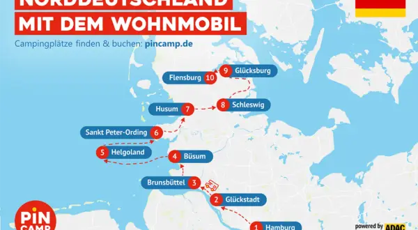 Reiseplan für Norddeutschland mit dem Wohnmobil: Von Hamburg (1) über Glückstadt (2) und Brunsbüttel (3) bis nach Büsum (4).